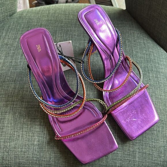 Zara Multicolor metallic purple Strappy women’s colorful Heels size us 8 NWT fun - Picture 6 of 16